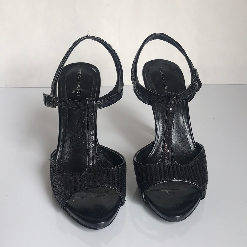 Tahari Black Sequence High Heels Gently Used 8.5